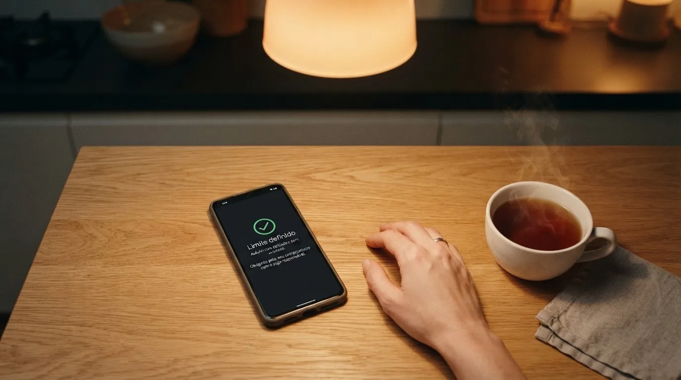 Mão a segurar um telemóvel ao lado de uma chávena de chá numa mesa de cozinha, numa noite tranquila — cassinos online em portugal