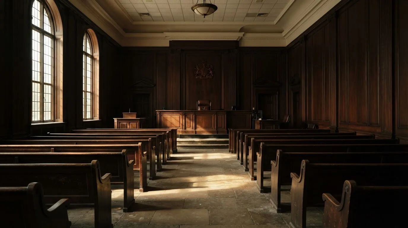 Sala de tribunal vazia com painéis de madeira, à luz da manhã — cassinos online em portugal