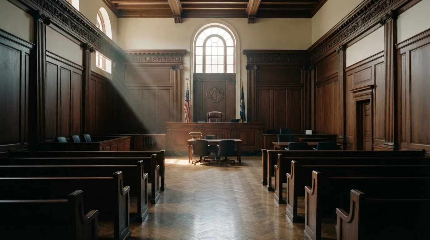 Sala de tribunal vazia com painéis de madeira, à luz da manhã — cassinos sem kyc em portugal