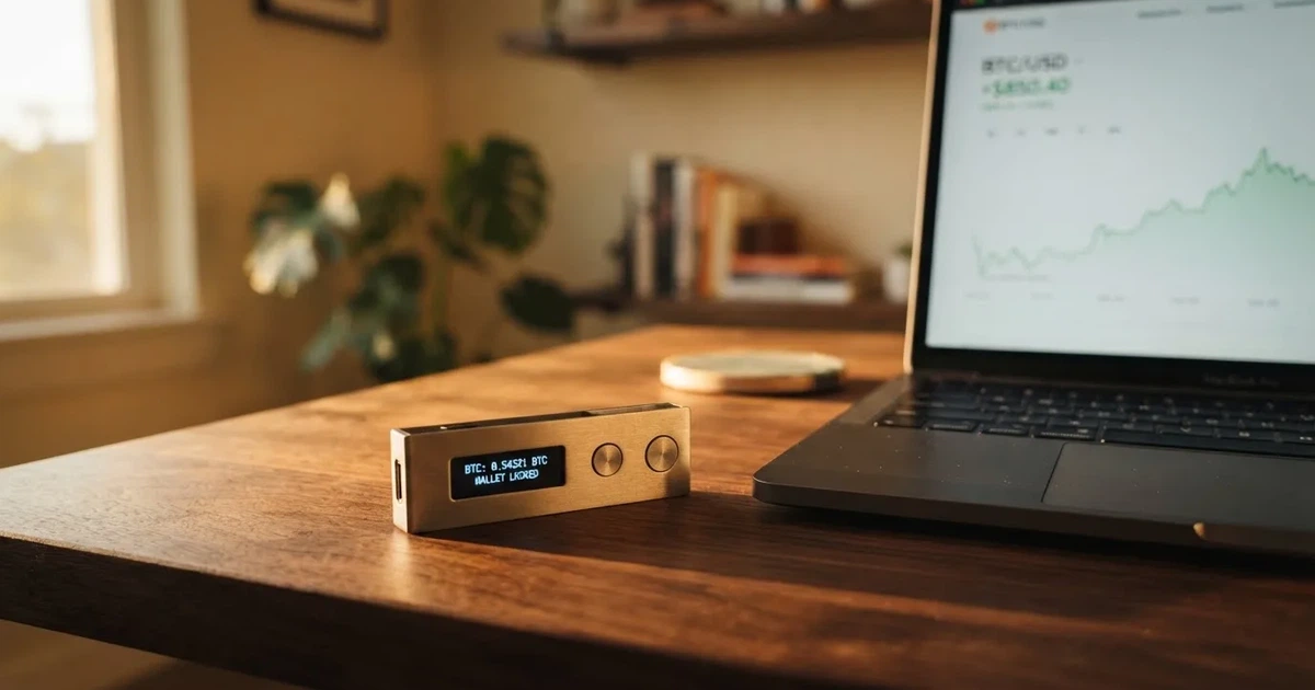 Carteira de hardware e computador portátil numa secretária, com luz suave — cassinos sem kyc em portugal