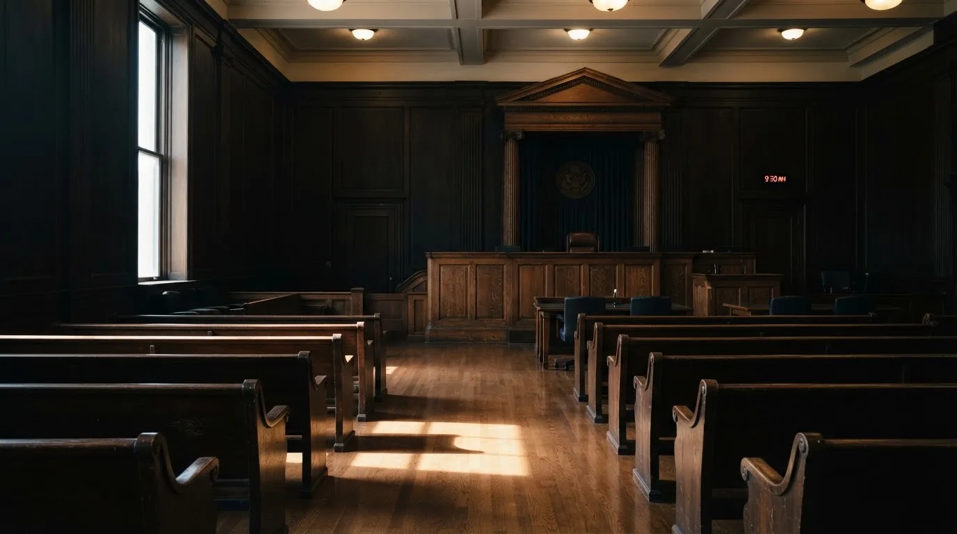 Sala de tribunal vazia com painéis de madeira, à luz da manhã — como jogar em casino pt