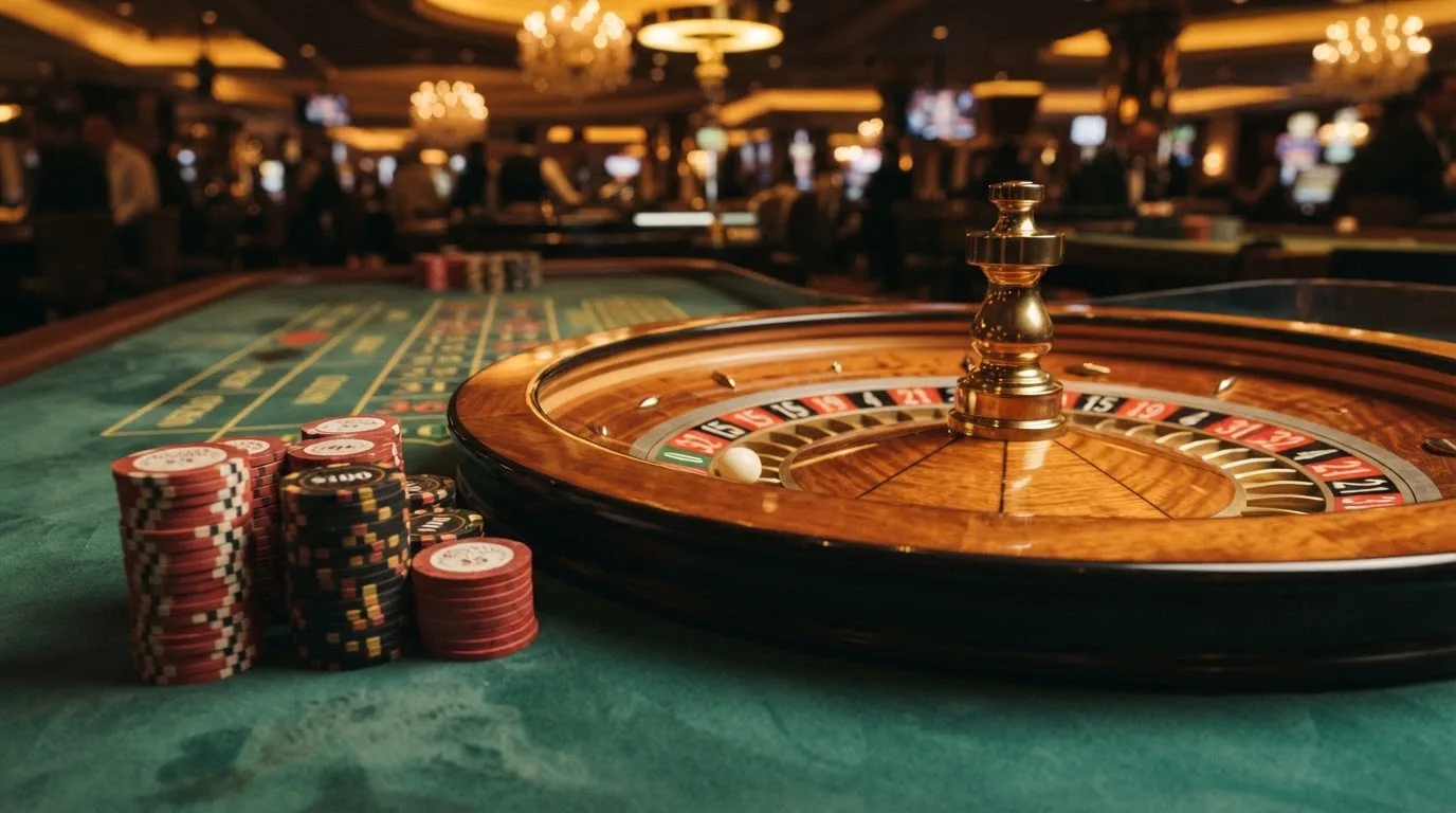 Roda de roleta e fichas sobre feltro verde, sob uma luz quente de fim de tarde — como jogar em casino pt