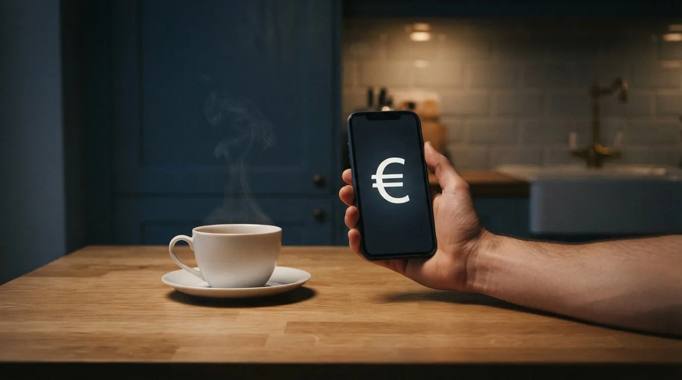 Mão a segurar um telemóvel ao lado de uma chávena de chá numa mesa de cozinha, numa noite tranquila — estoril casino em portugal