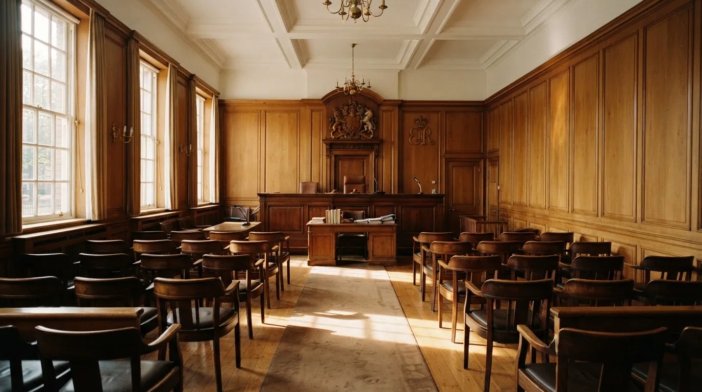 Sala de tribunal vazia com painéis de madeira, à luz da manhã — estoril casino em portugal
