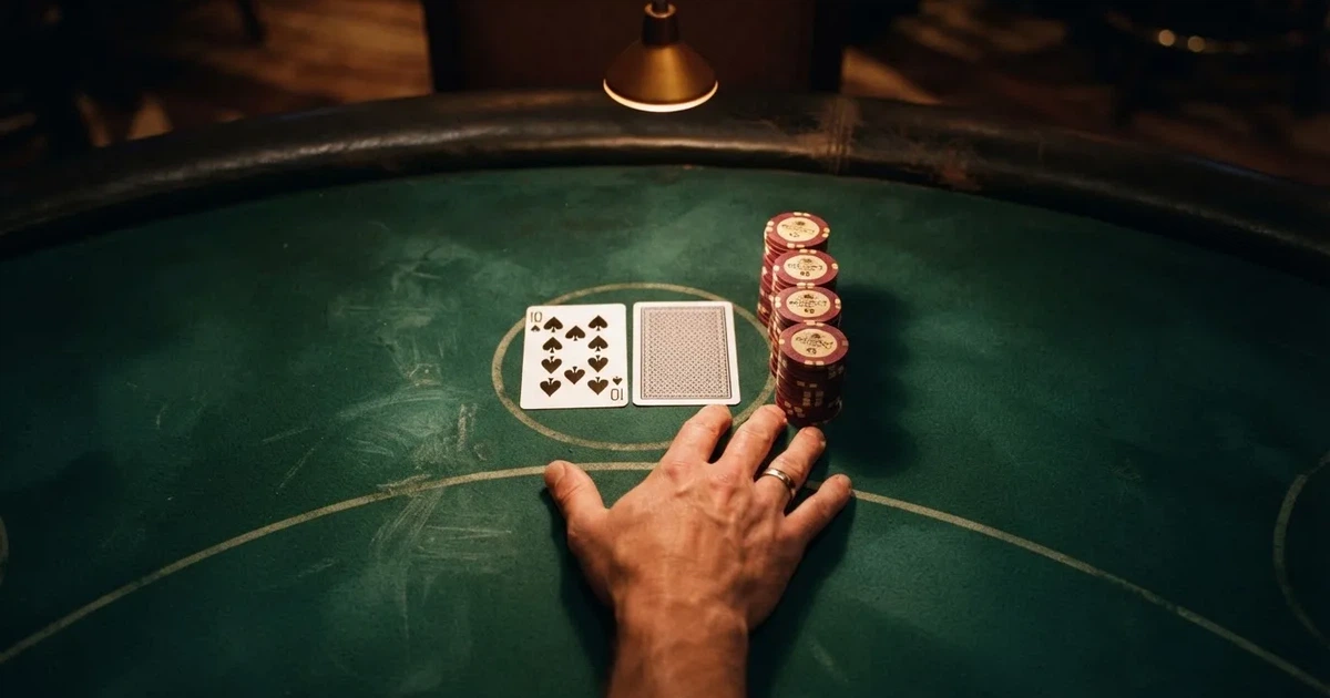 Mesa de jogo iluminada com cartas, vista de cima — estratégia de blackjack para portugueses