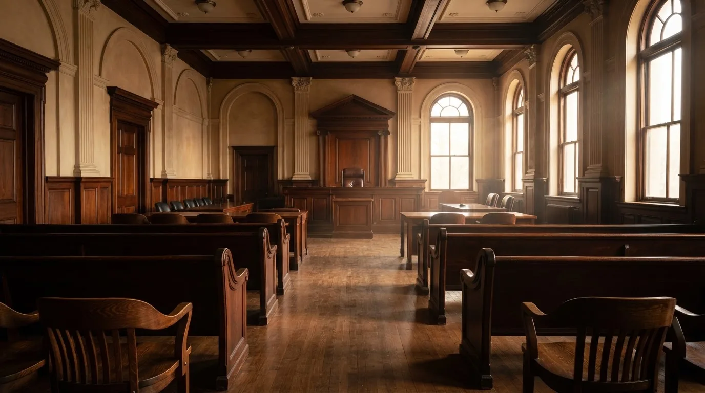 Sala de tribunal vazia com painéis de madeira, à luz da manhã — estratégia de roleta para portugueses