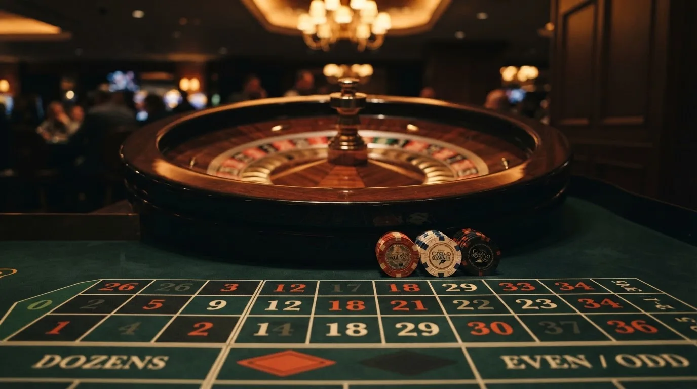 Roda de roleta e fichas sobre feltro verde, sob uma luz quente de fim de tarde — guias de casino para os portugueses