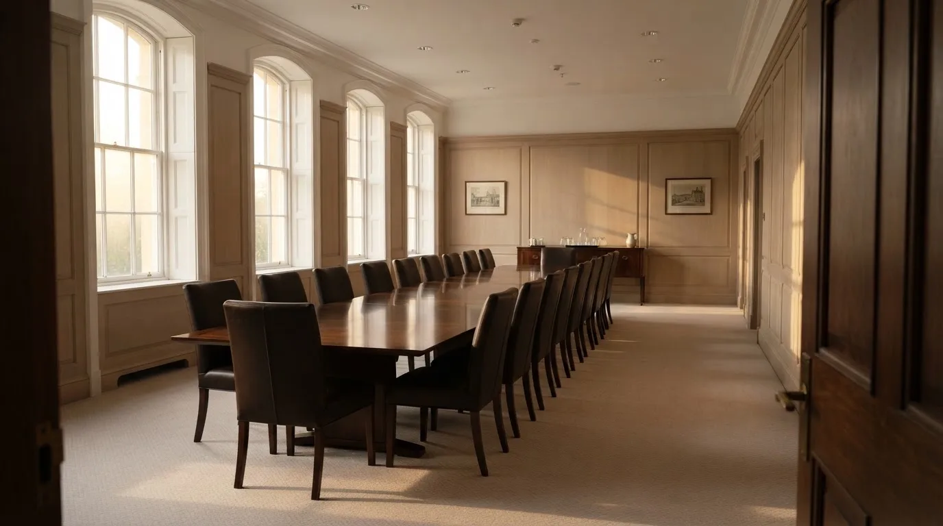 Sala de reuniões de um organismo público com mesa comprida, cadeiras alinhadas e janelas altas, sem pessoas, luz de manhã.