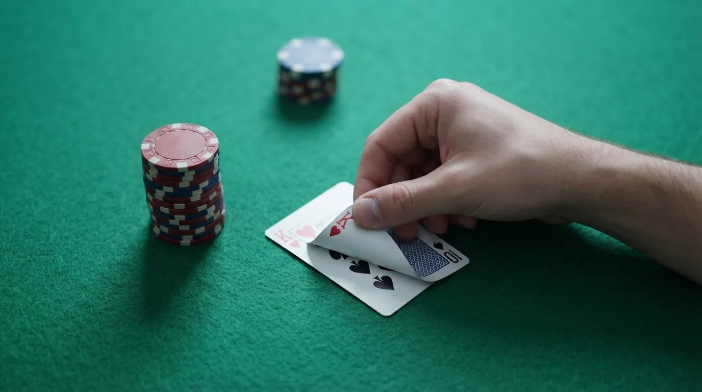 Mãos a espreitar duas cartas viradas para baixo numa mesa de feltro verde, com pilhas de fichas desfocadas ao lado.