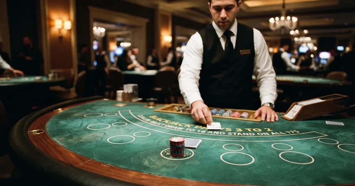 Croupier de colete preto a distribuir cartas numa mesa de blackjack semicircular, feltro verde, fichas empilhadas e iluminação baixa.
