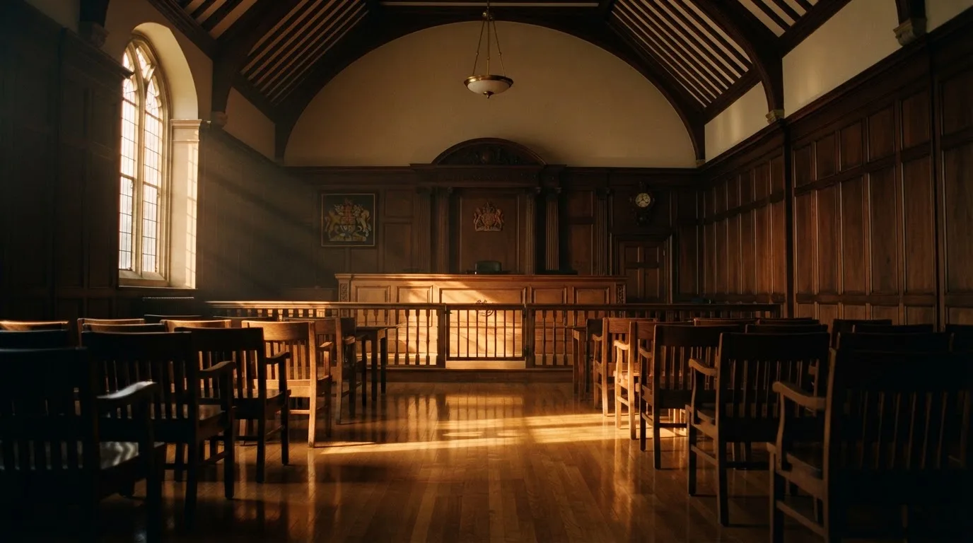 Sala de tribunal vazia com painéis de madeira, à luz da manhã — jogar no casino em portugal