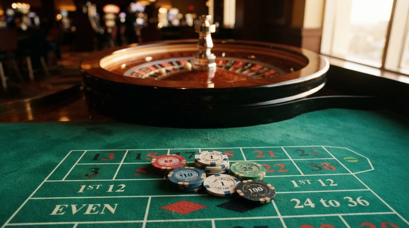 Roda de roleta e fichas sobre feltro verde, sob uma luz quente de fim de tarde — jogar no casino em portugal