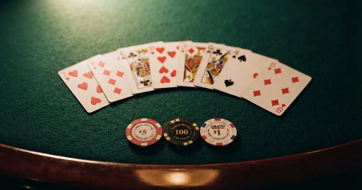 Mesa de jogo iluminada com cartas, vista de cima — jogar no casino em portugal