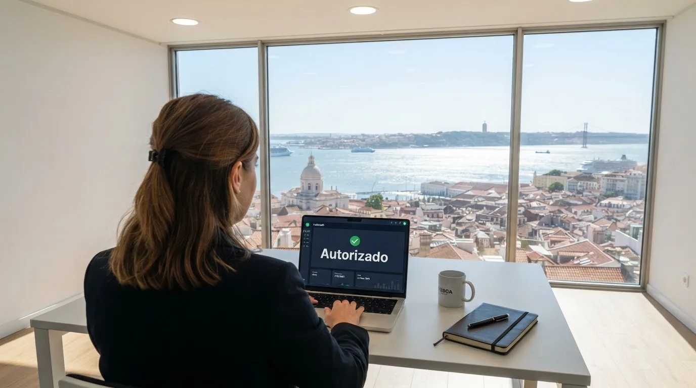 Profissional de um serviço público a trabalhar ao portátil numa sala de escritório moderna em Lisboa, com grandes janelas e vista para o rio Tejo.