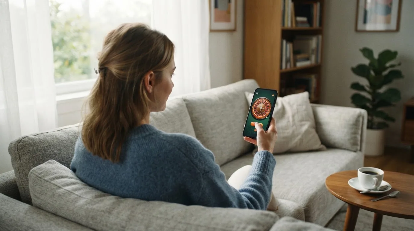 Mulher sentada num sofá a jogar roleta no telemóvel, com uma chávena de café na mesa e luz natural a entrar pela janela.