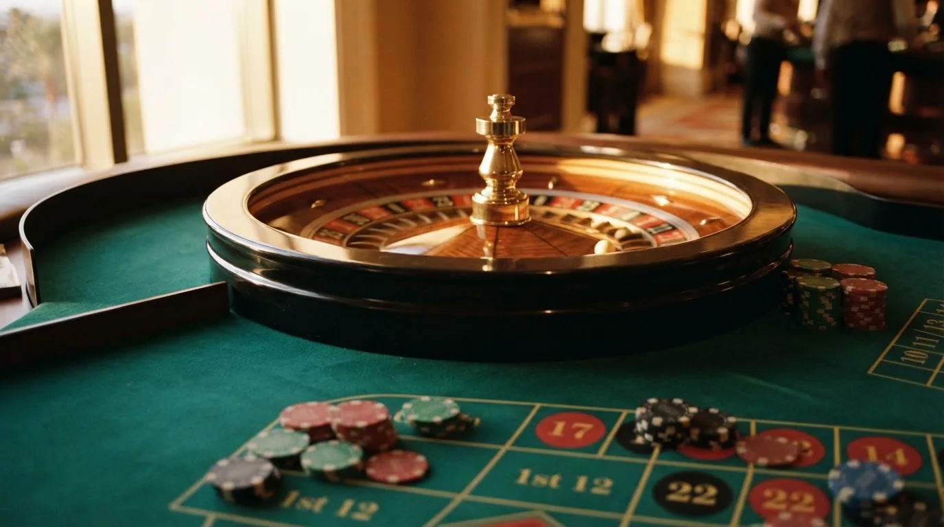 Roda de roleta e fichas sobre feltro verde, sob uma luz quente de fim de tarde — jogo de craps em portugal