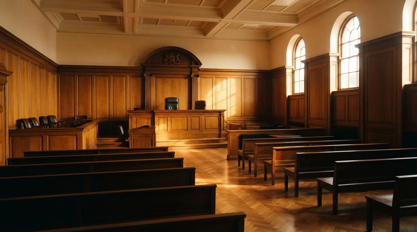 Sala de tribunal vazia com painéis de madeira, à luz da manhã — jogos de caça-níqueis em portugal