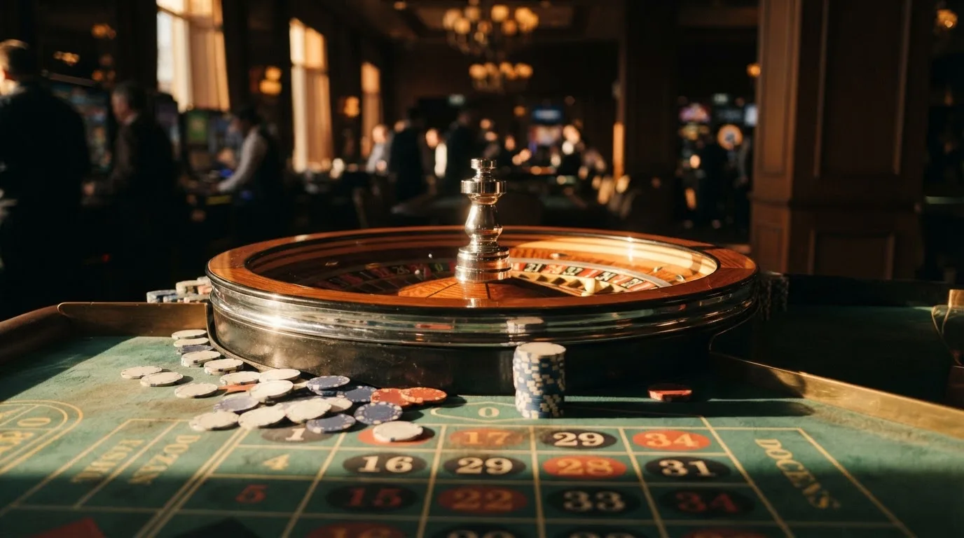 Roda de roleta e fichas sobre feltro verde, sob uma luz quente de fim de tarde — jogos de casino em portugal