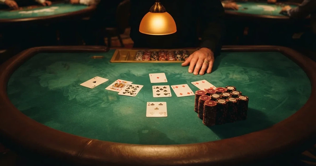 Mesa de jogo iluminada com cartas, vista de cima — jogos de casino em portugal