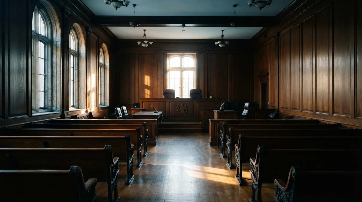 Sala de tribunal vazia com painéis de madeira, à luz da manhã — jogos de casino grátis pt