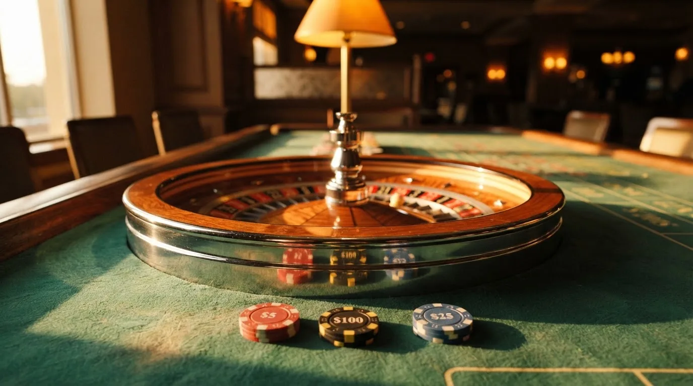 Roda de roleta e fichas sobre feltro verde, sob uma luz quente de fim de tarde — jogos de casino grátis pt