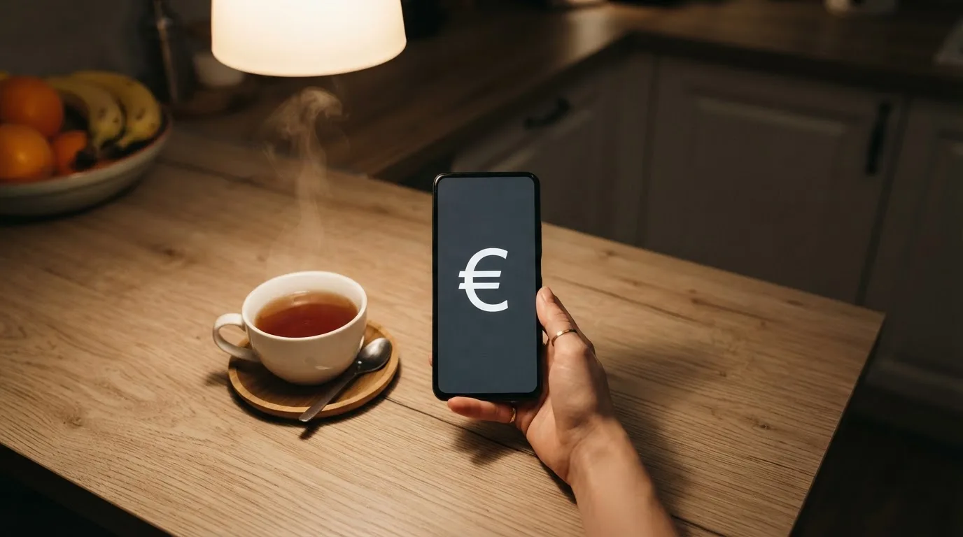 Mão a segurar um telemóvel ao lado de uma chávena de chá numa mesa de cozinha, numa noite tranquila — jogos de casino online pt