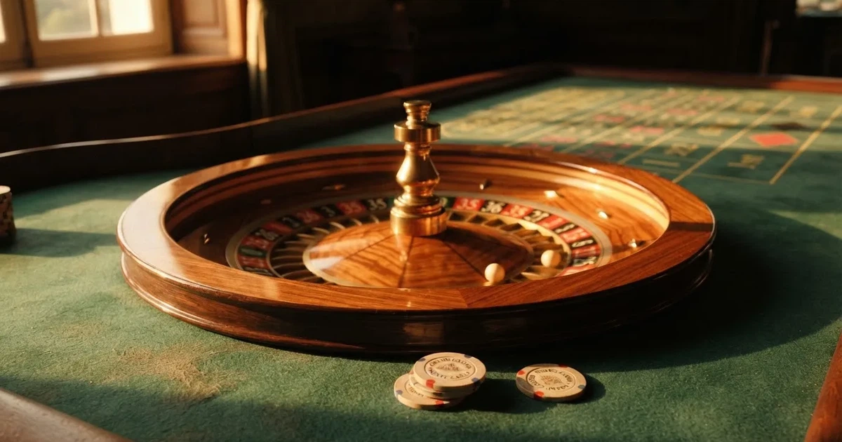 Roda de roleta e fichas sobre feltro verde, sob uma luz quente de fim de tarde — jogos de casino online pt