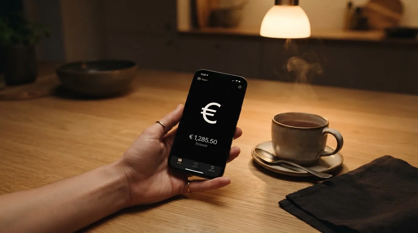 Mão a segurar um telemóvel ao lado de uma chávena de chá numa mesa de cozinha, numa noite tranquila — jogos de cassino em portugal