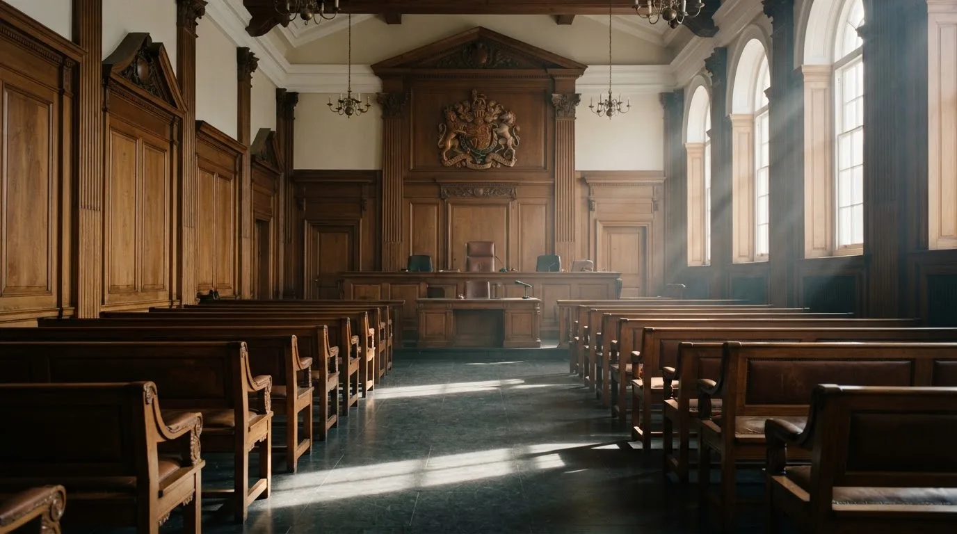 Sala de tribunal vazia com painéis de madeira, à luz da manhã — jogos de cassino em portugal