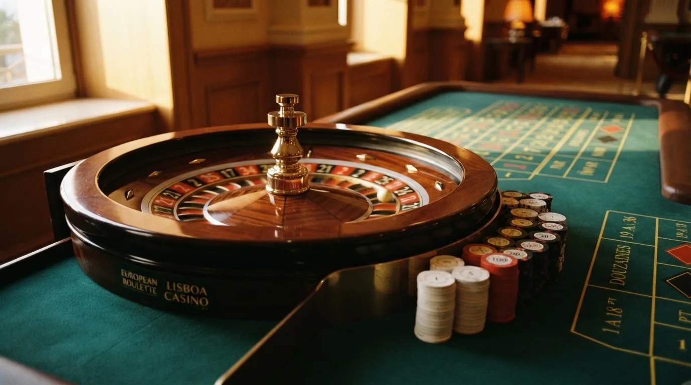 Roda de roleta e fichas sobre feltro verde, sob uma luz quente de fim de tarde — jogos de roleta em casino pt