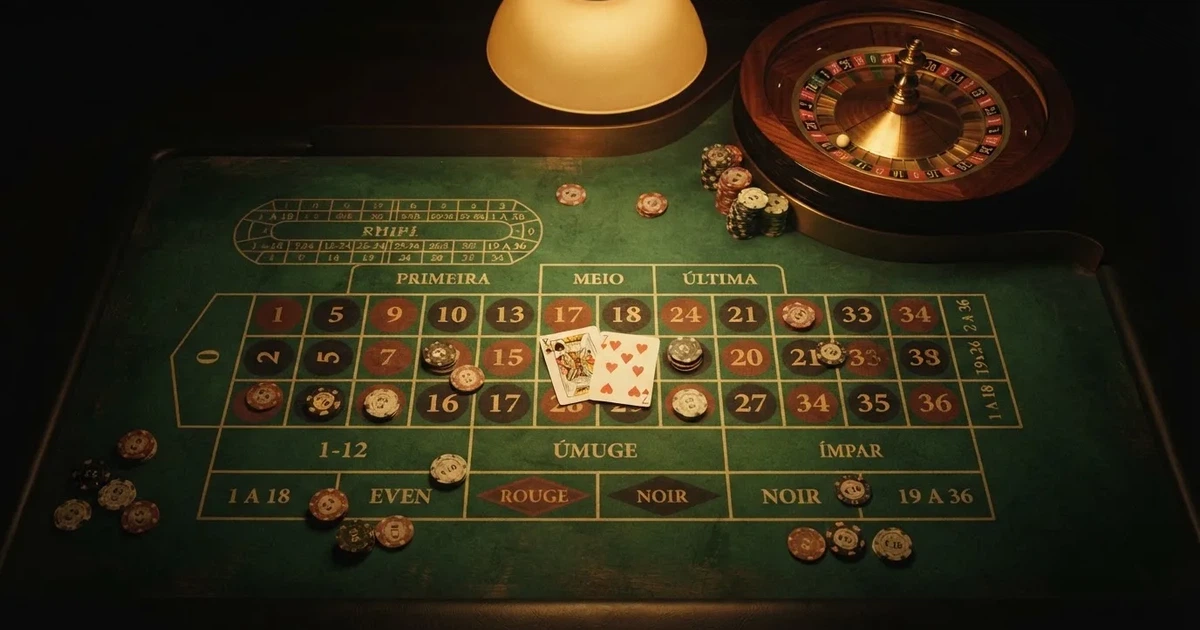 Mesa de jogo iluminada com cartas, vista de cima — jogos de roleta em casino pt