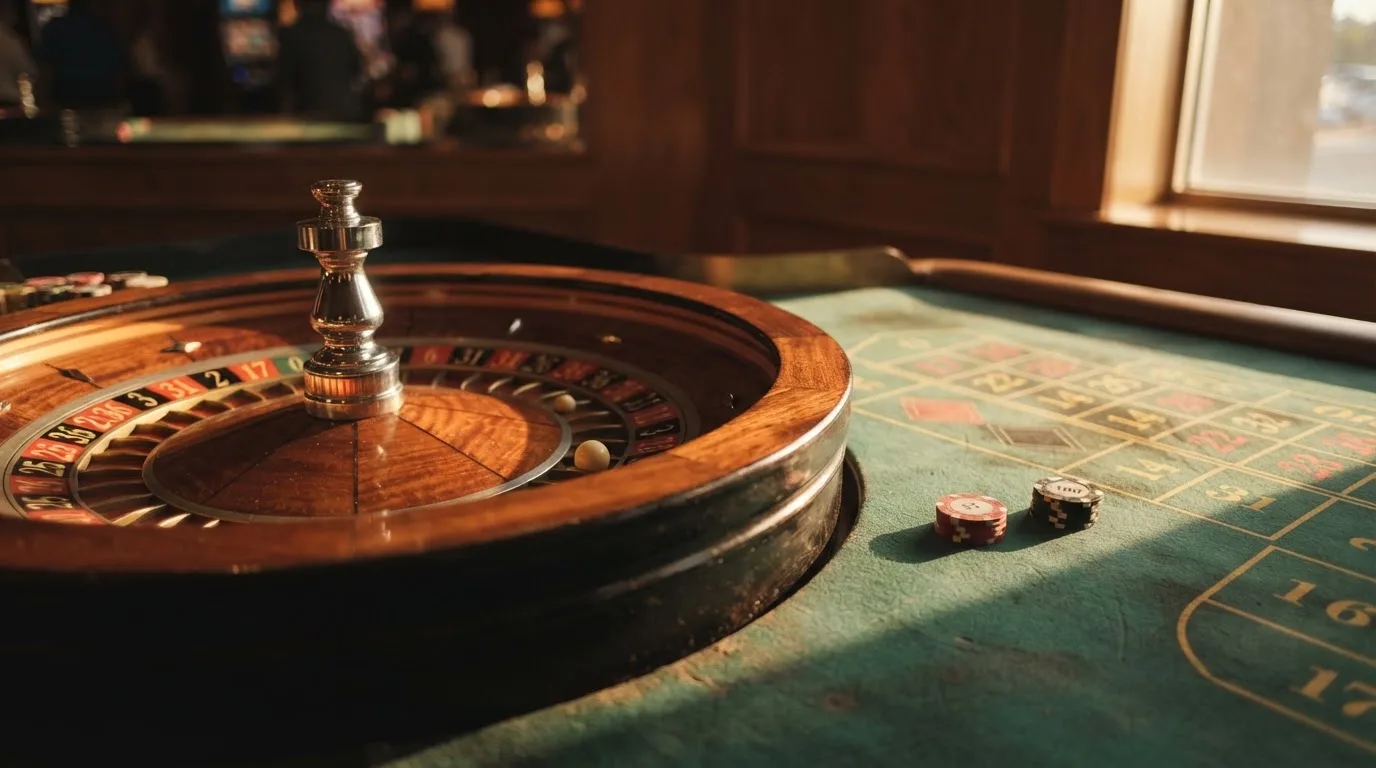Roda de roleta e fichas sobre feltro verde, sob uma luz quente de fim de tarde — jogos de slots em portugal