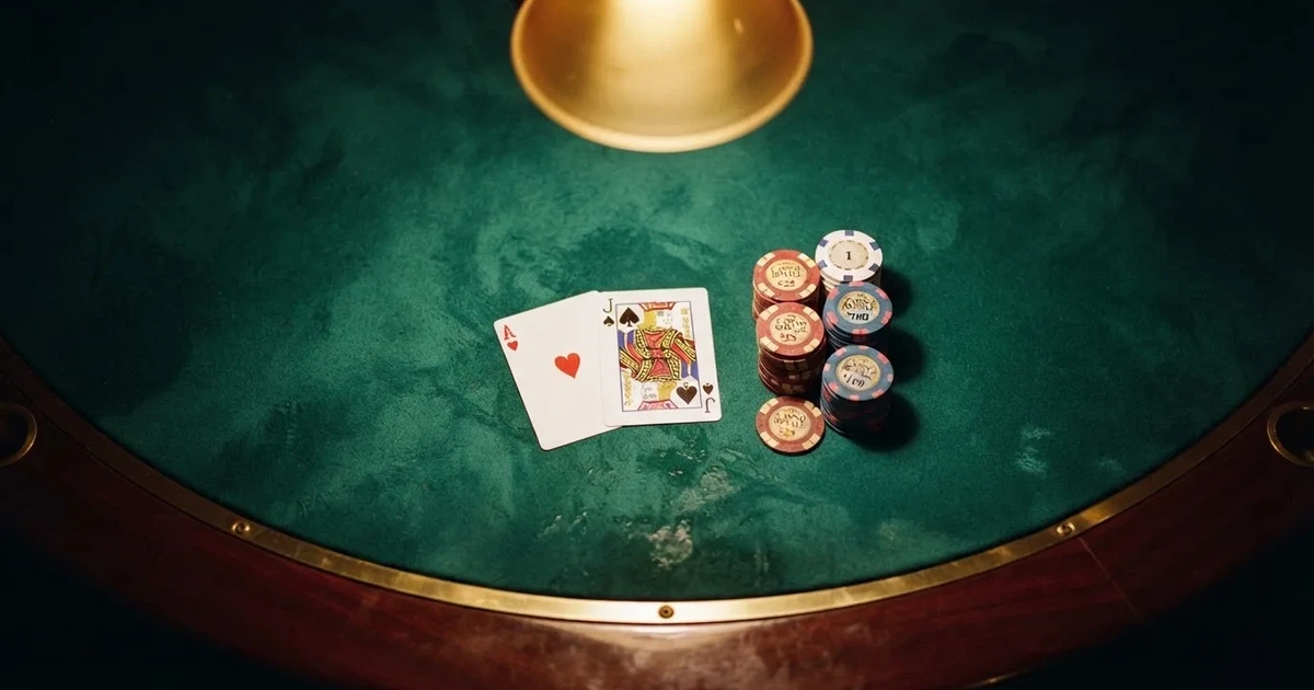 Mesa de jogo iluminada com cartas, vista de cima — jogos de slots em portugal