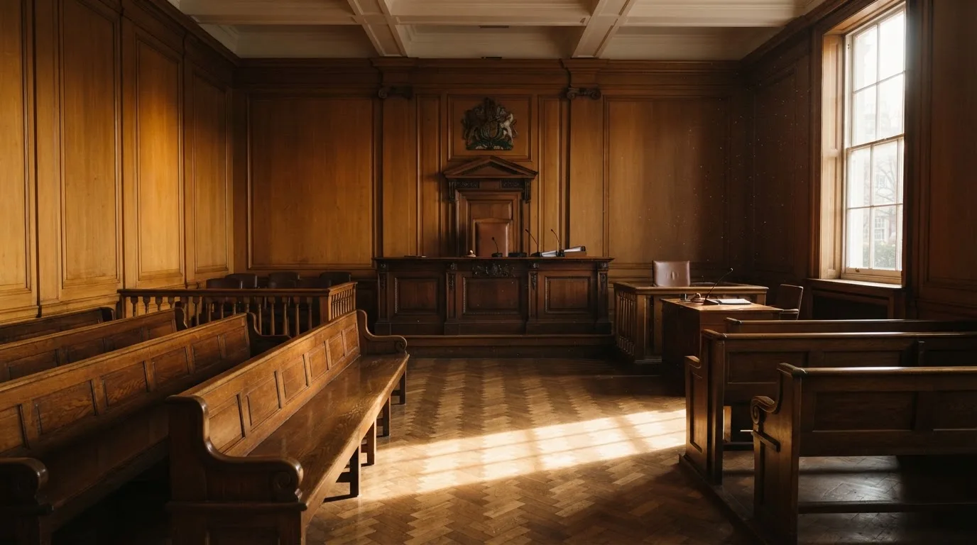 Sala de tribunal vazia com painéis de madeira, à luz da manhã — keno em cassino pt