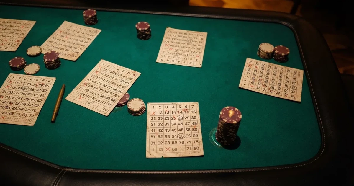 Mesa de jogo iluminada com cartas, vista de cima — keno em cassino pt