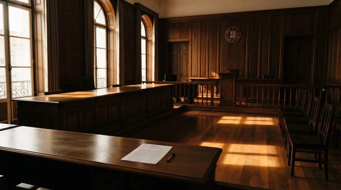 Sala de tribunal vazia com painéis de madeira, à luz da manhã — live casinos em portugal