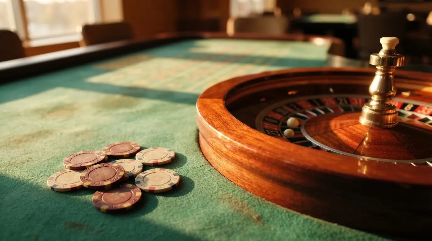 Roda de roleta e fichas sobre feltro verde, sob uma luz quente de fim de tarde — live casinos em portugal