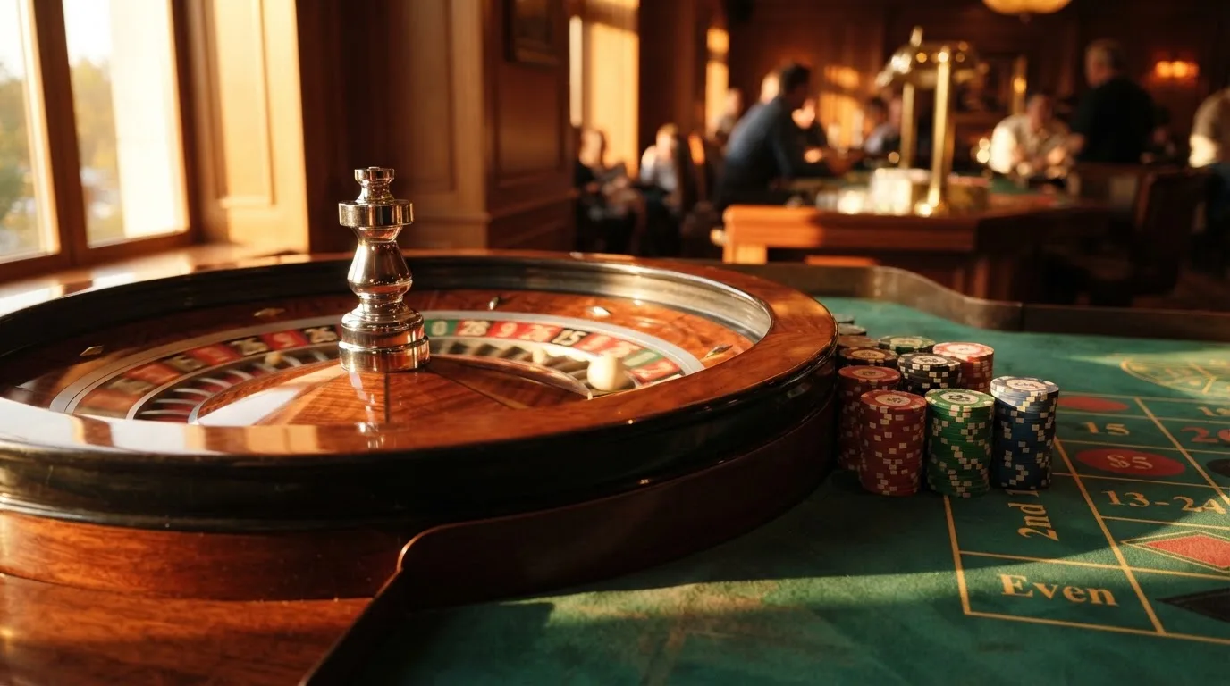Roda de roleta e fichas sobre feltro verde, sob uma luz quente de fim de tarde — máquinas de casino em portugal