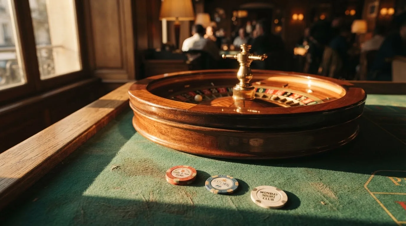 Roda de roleta e fichas sobre feltro verde, sob uma luz quente de fim de tarde — melhor blackjack em portugal