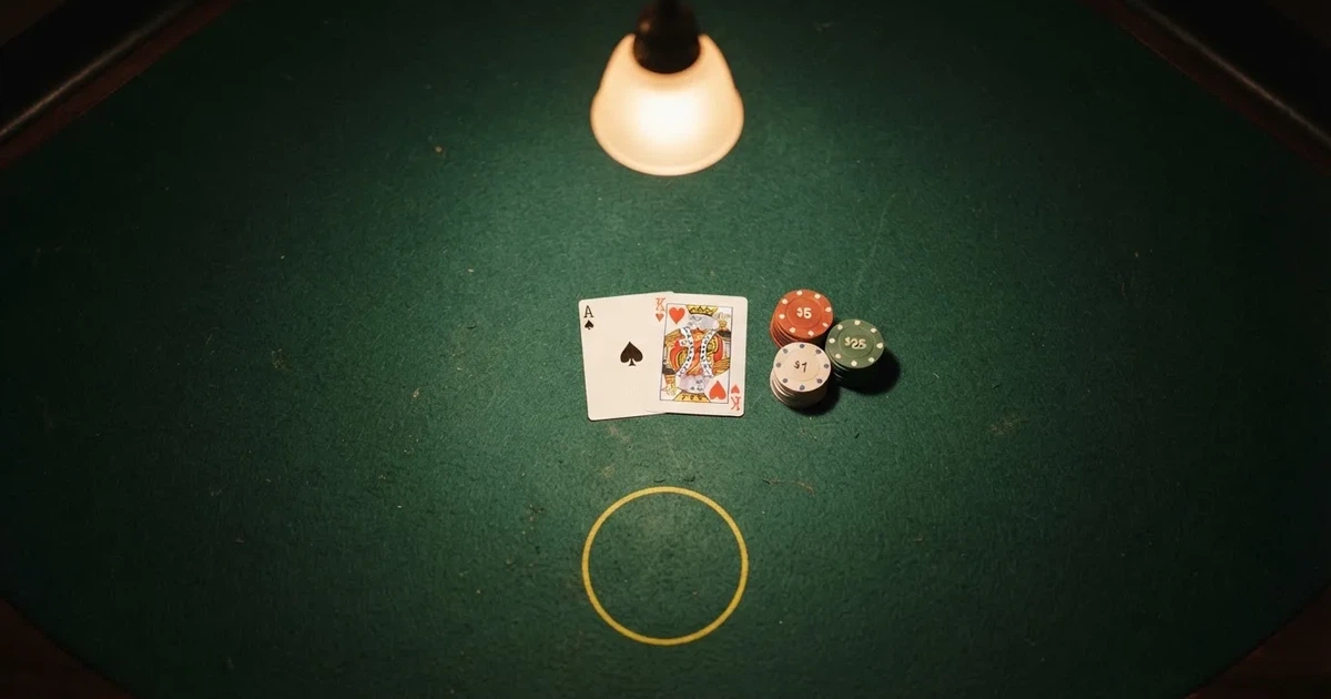 Mesa de jogo iluminada com cartas, vista de cima — melhor blackjack em portugal