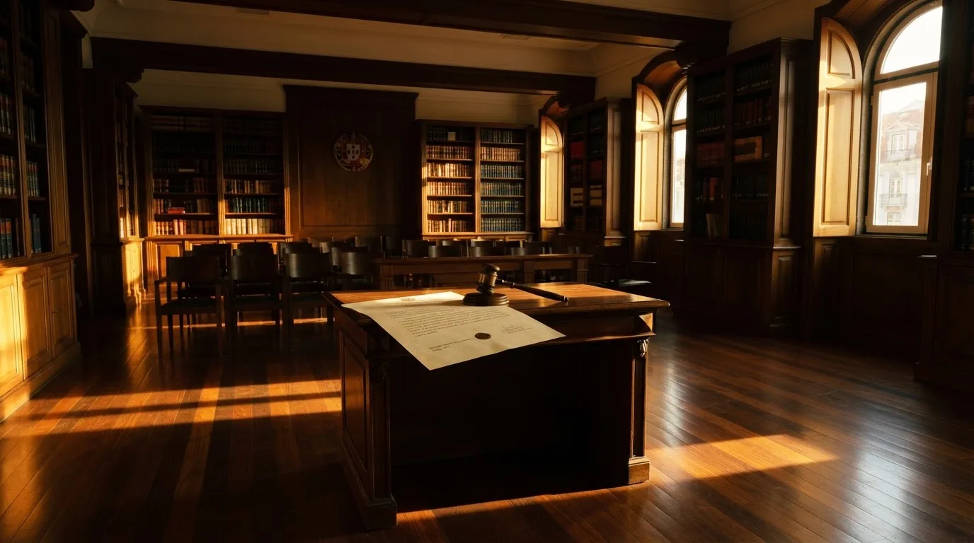 Sala de tribunal vazia com painéis de madeira, à luz da manhã — melhor roleta em portugal