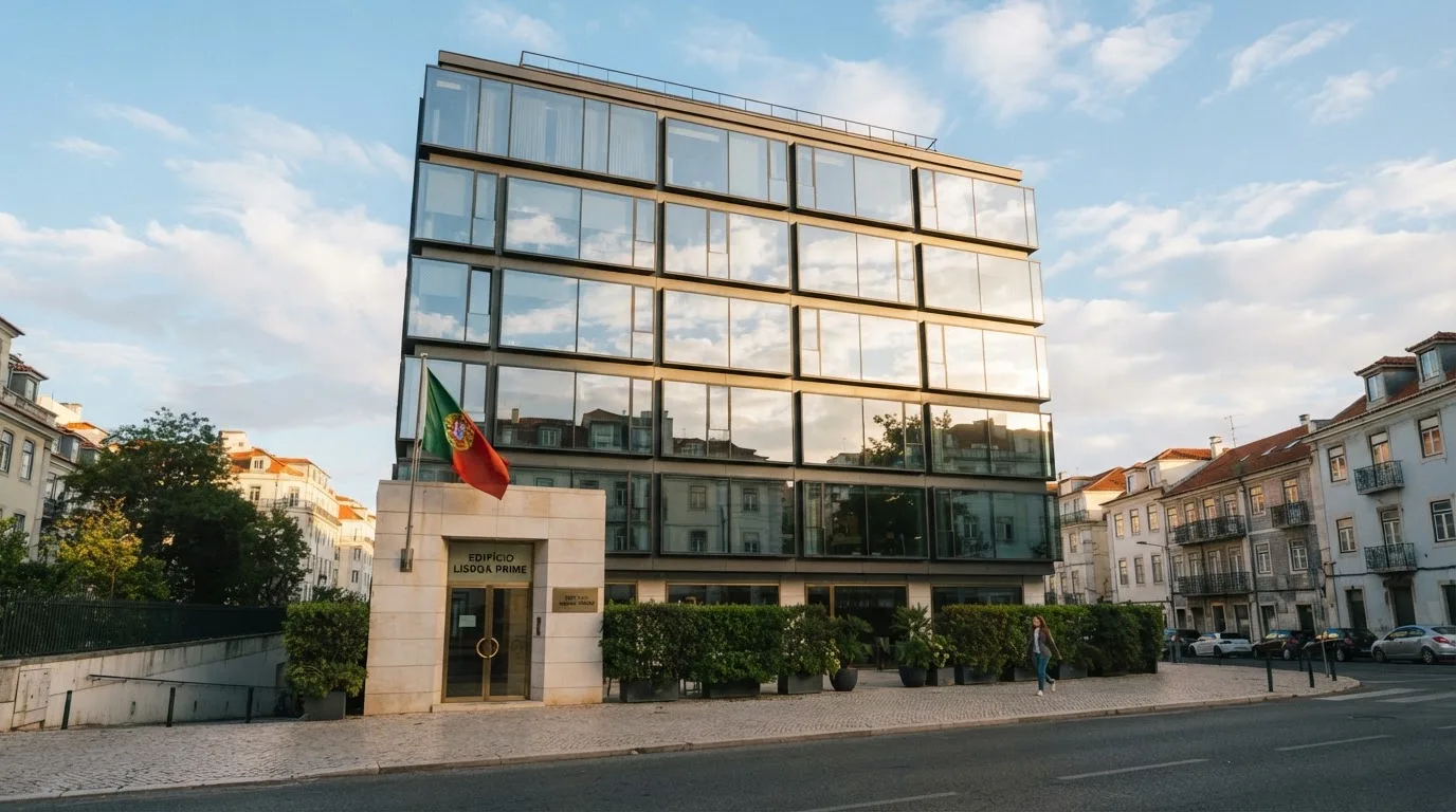 Edifício de escritórios de um organismo público em Lisboa, visto da rua, com vidros espelhados a refletir o céu e uma bandeira.