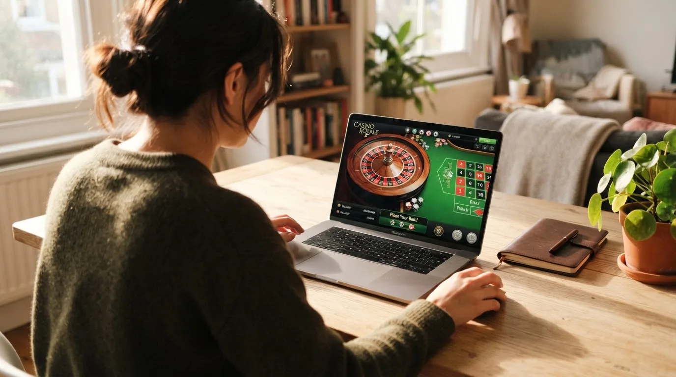 Pessoa a explorar um casino online no portátil numa mesa de sala, com bloco de notas fechado e uma planta ao lado.