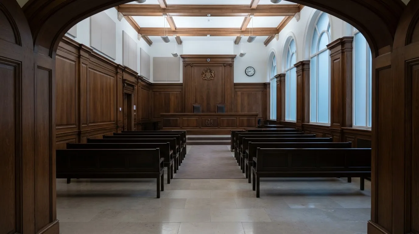 Sala de tribunal vazia com painéis de madeira, à luz da manhã — melhores cassinos em portugal