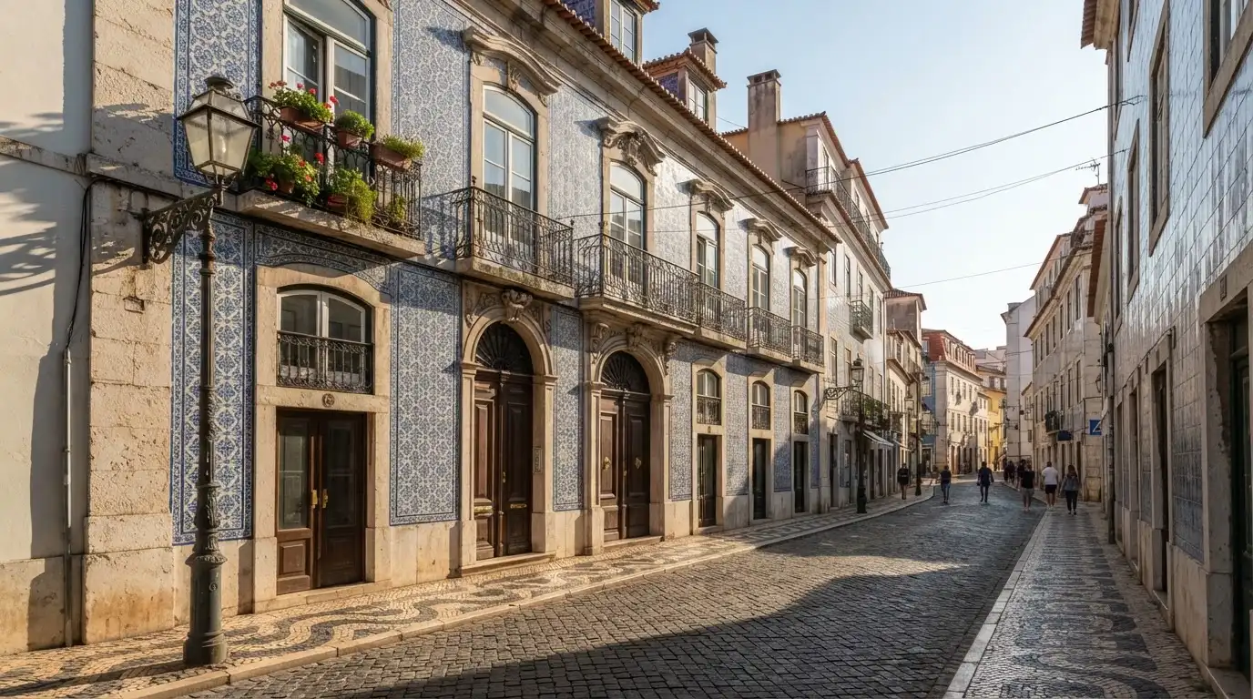 Fachada de um edifício oficial lisboeta com azulejos e portas altas, rua em calçada portuguesa e um candeeiro antigo.