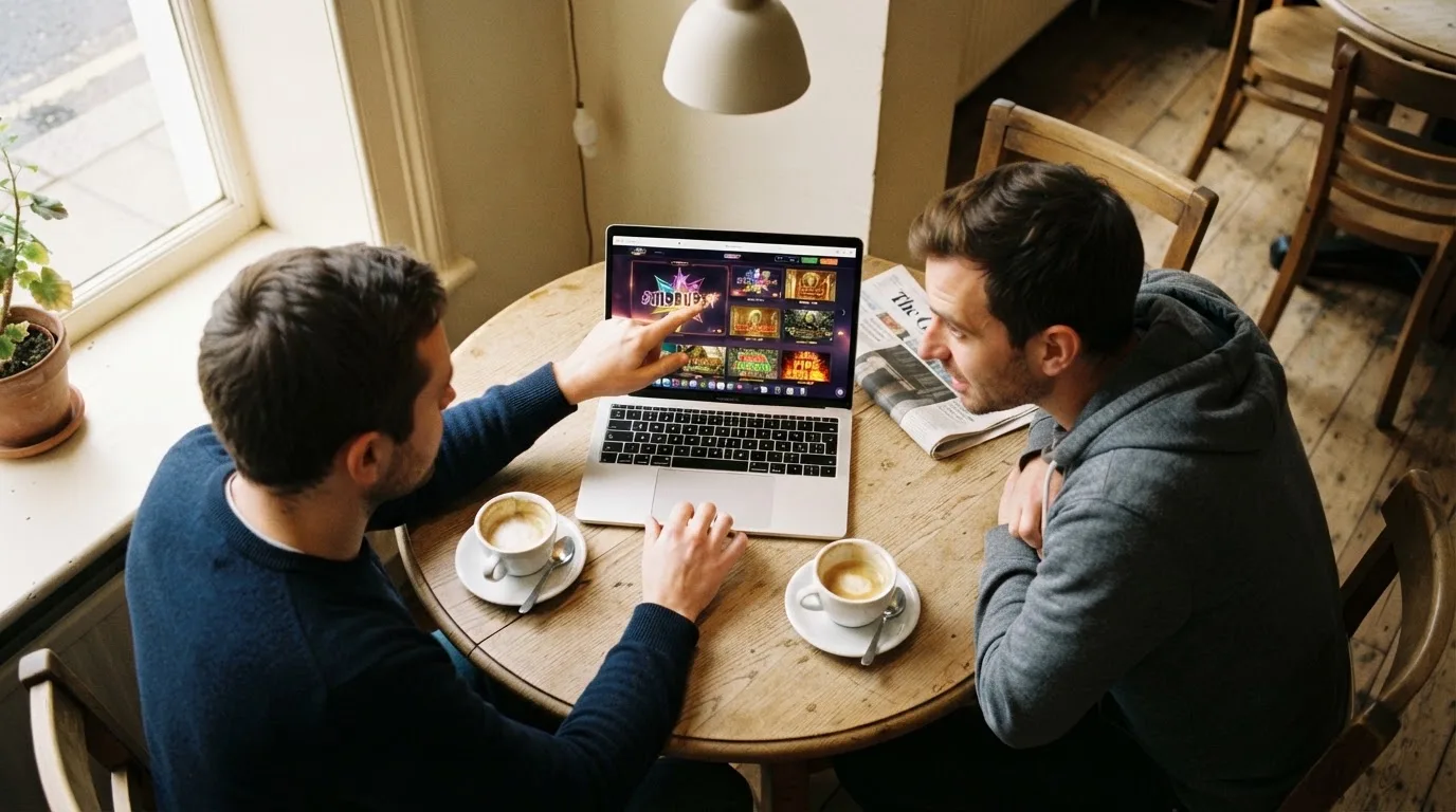 Duas pessoas a comparar opções à mesa de um café, com portátil aberto e dois cafés, luz natural de janela.