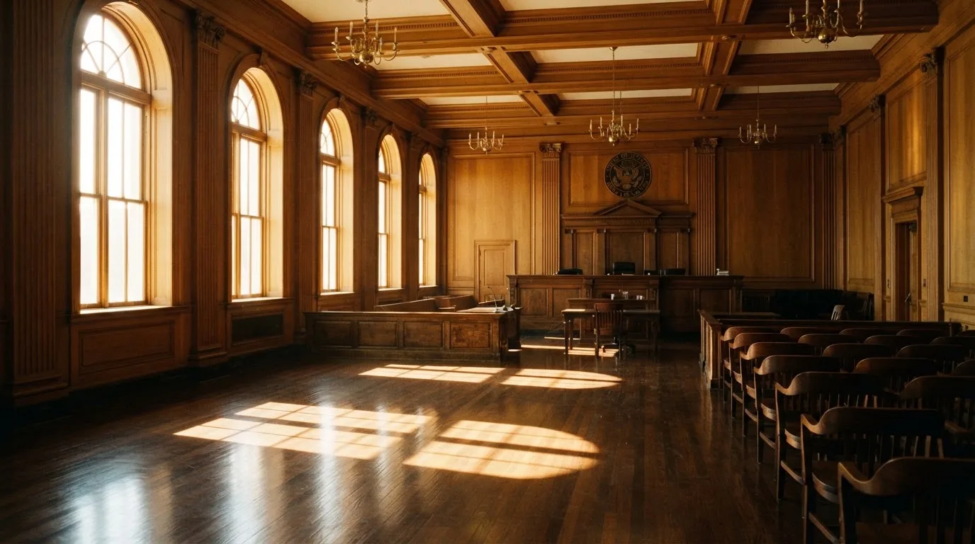 Sala de tribunal vazia com painéis de madeira, à luz da manhã — mesas de casino em portugal