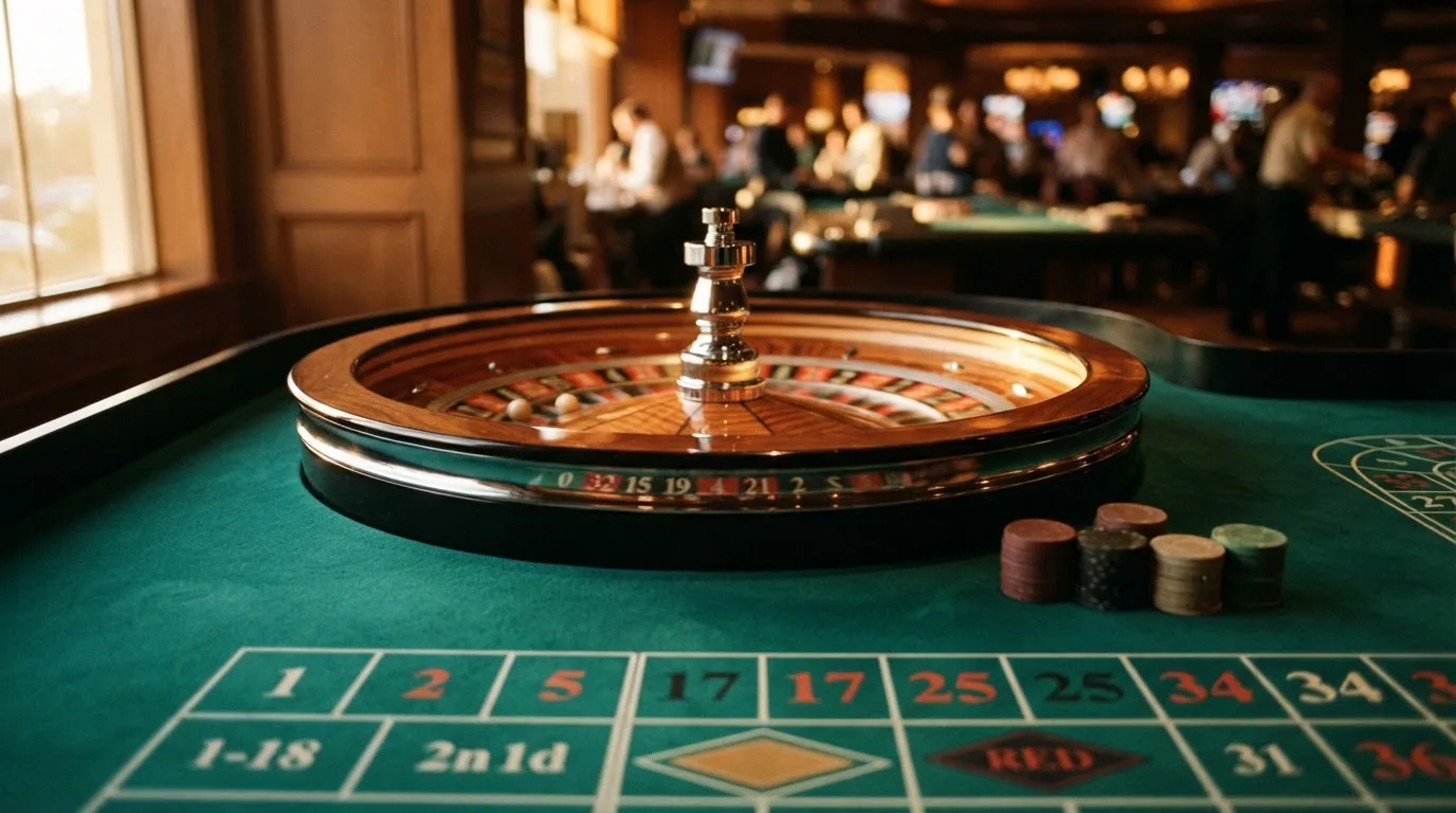 Roda de roleta e fichas sobre feltro verde, sob uma luz quente de fim de tarde — mesas de casino em portugal