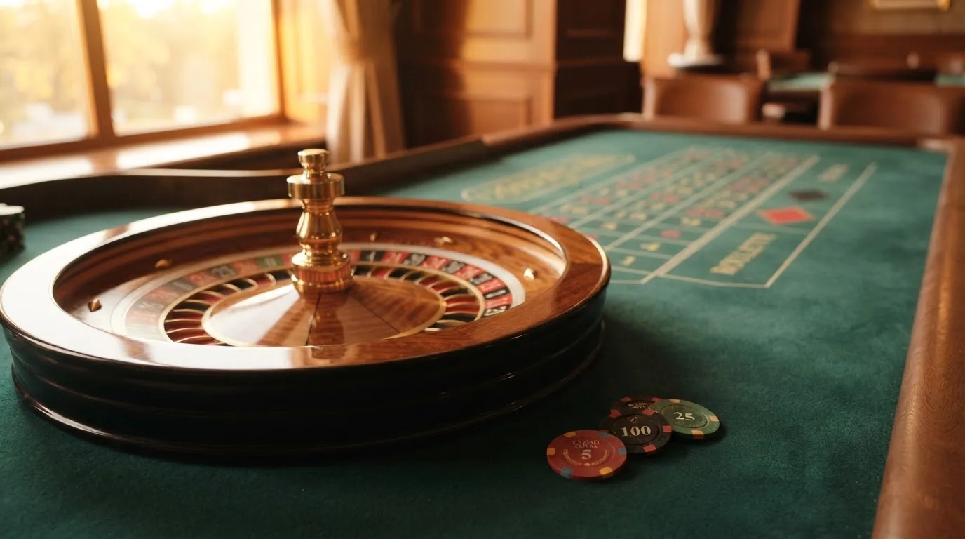 Roda de roleta e fichas sobre feltro verde, sob uma luz quente de fim de tarde — novo casino em portugal