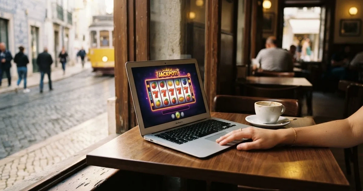 Computador portátil numa mesa de café junto a uma janela virada para a rua — novo casino em portugal